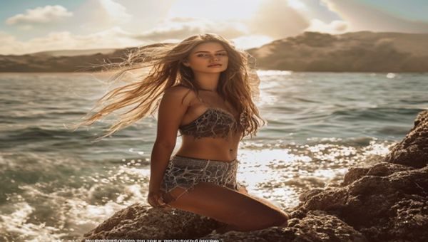 今日精选大胸美女写真封面，欧美风格美女在海边礁石上拍摄，海风吹动长发，阳光打在身上轮廓感强烈