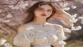 日系大胸美女写真风格展示，穿着浅色系服装，背景樱花或简约室内，清纯气质