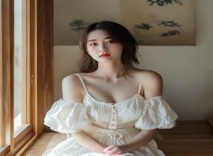 日系大胸美女室内写真，穿着白色棉质连衣裙，背景是简约日式榻榻米，清纯气质满满