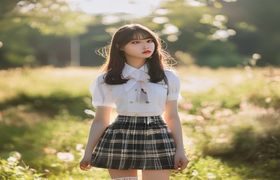 日系大胸美女校园风写真，白色制服配格子裙，在阳光明媚的操场上拍摄，青春活力感十足