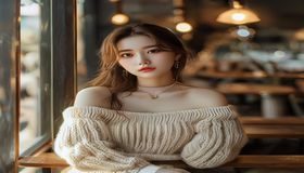 韩系大胸美女写真风格展示，精致妆容配奶油色系穿搭，咖啡馆或户外自然光拍摄
