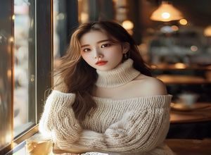 韩系大胸美女精致妆容写真，身穿奶油色毛衣，坐在咖啡馆窗边，光线柔和，画面温暖细腻