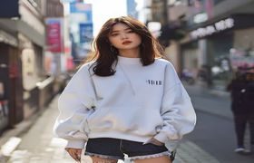 韩系大胸美女街拍写真，穿着时髦oversize卫衣配短裤，在首尔弘大街头随性拍摄，潮流感十足
